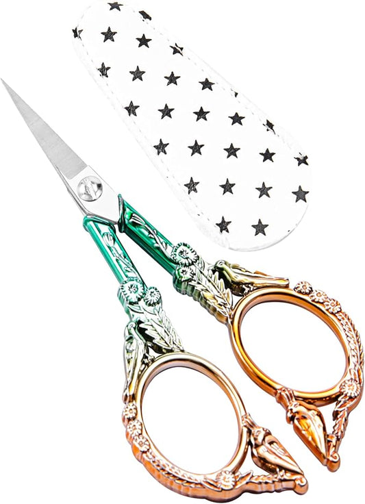 Crochet Scissors with Cover – Green Gold Vintage Small Embroidery Scissors, Sharp Bird Craft Scissors for Yarn Thread Sewing Needlework, Pretty Gift for Crocheter Quilter, 4.6 Inch