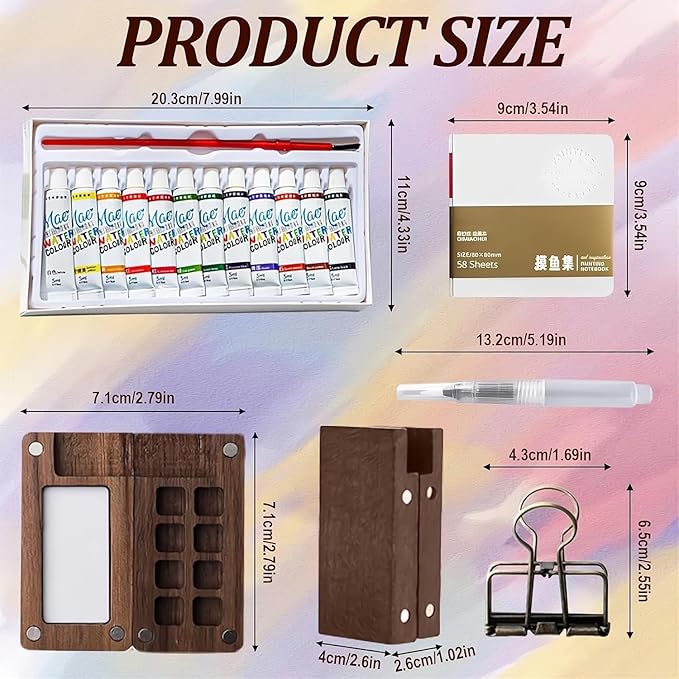 Mini Watercolor Paint Set,12 color Paints, 8 Grids Portable Wooden Travel Palette, Sketchbook & Copper Clip, Metal Clip –For Beginners, Artists & Painting Enthusiasts