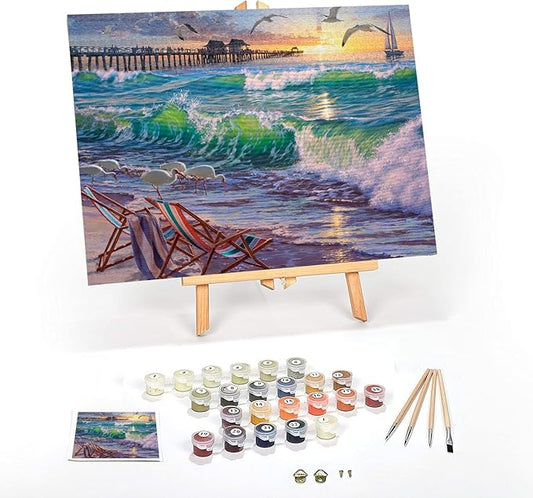 Ledgebay DIY Paint by Numbers Kit for Adults Framed Canvas: Beginner to Advanced Paint by Numbers Kit, Kits Include Acrylic Paint Set Brushes Tabletop Easel (Seaside Escape 16" x 20" Framed)