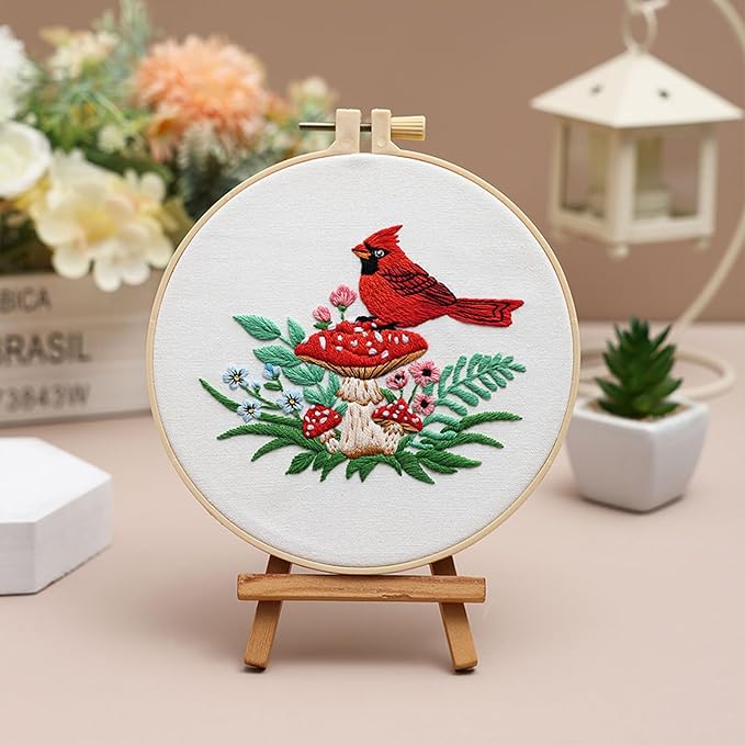 Louise Maelys Cardinal Mushroom Embroidery Kits for Beginners,Cross Stitch Kit for Adults,DIY Needlepoint with Flowers Pattern