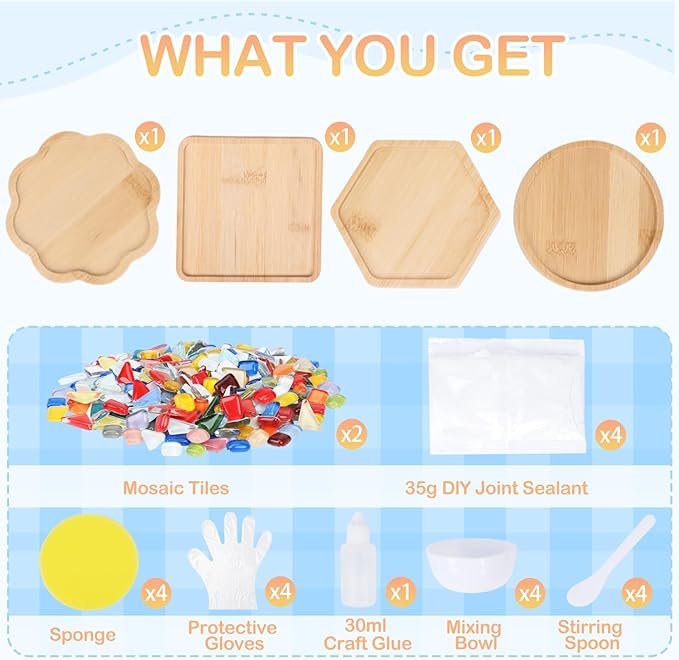 SAYAYA 4 Sets DIY Glass Mosaic Tiles with Bamboo Coasters with Multi Shape Bamboo Coaster for Adults for Handmade Home Christmas Halloween Birthday Decoration Gift (Multi-Shape Set)