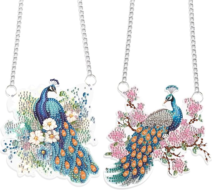 JISHSHAY 2 PCS Diamond Painting Pendant DIY Peacock Peafowl Diamond Art Wind Chimes Special Shaped Crystal Crystal Suncatcher Diamond Art Ornaments Diamond Painting Hanging for Garden Wall Door Window