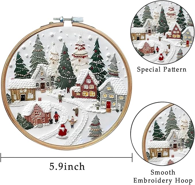 LB Christmas Embroidery Kit for Beginners: 4-Piece Cross Stitch Set with Green Plant, White Snowflake & Gnomes | Adults DIY Starter Kit Includes Hoop, Threads and Tools
