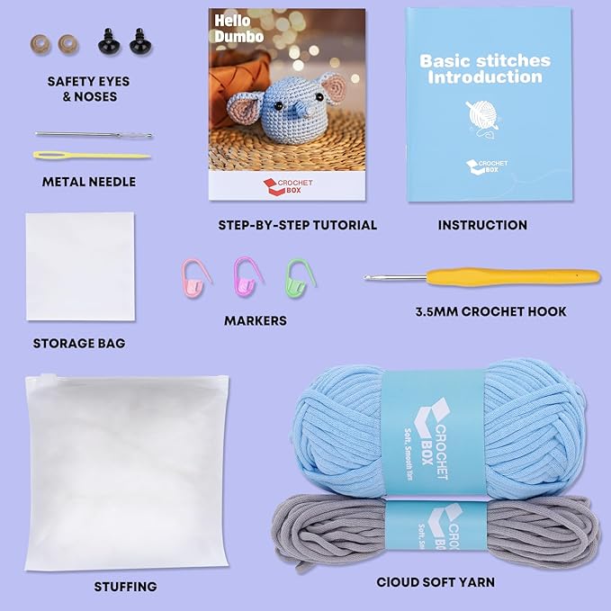 Crochet Kit for Beginners: Elephant Crochet Kit for Adults, Include Easy to Use Yarn, Step-by-Step Video, Patterns, Learn to Crochet, Thanksgiving, Christmas, Birthday Gift