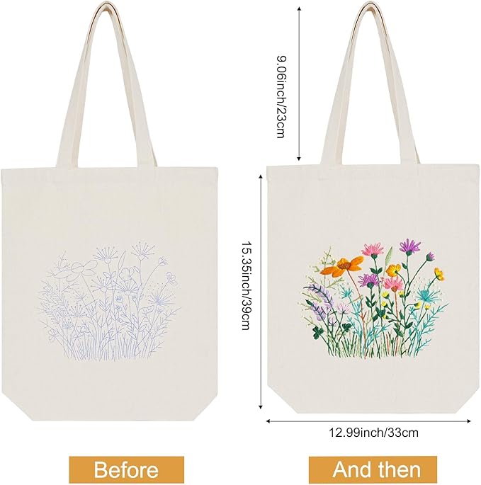 Embroidery Kit Canvas Tote Bag, Hand Embroidery Kit with Floral Pattern for Beginners, Cross Stitch Kits for Adults, Arts and DIY Crafts Kits, Embroidery Starter kit with Embroidery Bag and Tools