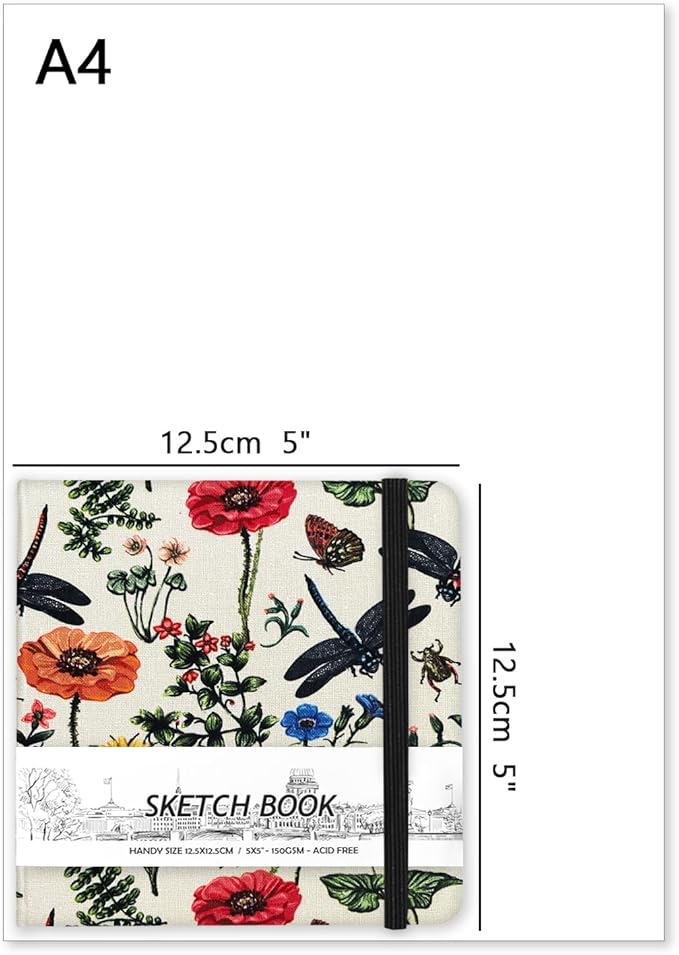 5" x 5" Hardcover Sketch Book,Small Mixed Media Sketch Pad,58 Sheets 150GSM Acid-Free Artist Drawing Paper,Travel Journal Blank Notebook for Adults Painting,Illustration,Art Supplies.Dragonfly