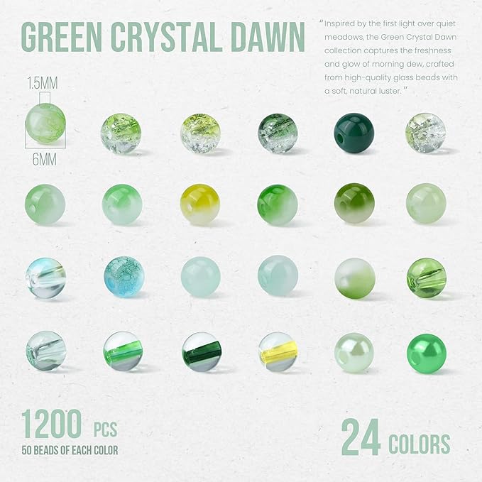 1200PCS Green Glass Beads for Bracelets, 24 Colors 6mm Crystal Beads Bracelets Making Kit and Jewelry Making, Round Green Nature Series Beads for Friendship Bracelets Earring Necklace DIY Crafts