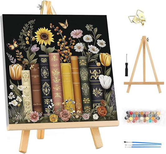 EOBROMD Framed Paint by Numbers Kits for Adults - Wooden Easel, Book DIY Painting Kits for Adults Beginner, Painting on Stretched Canvas Oil Paint by Numbers for Home Decor Gift 10x10 Inch