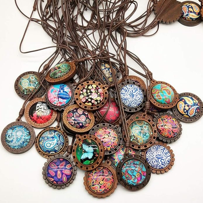 DAHI 36pcs Brown Wood Bezel Round Wooden Pendants Trays Bezels 9 Styles Bezels Pendant Trays with Cabochon Pendant for DIY Photo Jewelry Making Crafts