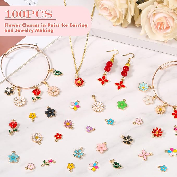 100Pcs 50 Pairs Flower Charms for Jewelry Making, Wholesale Assorted Enamel Mixed Bulk Metal Earring Charms for DIY Necklace Bracelet Earring Jewelry Making and Crafting