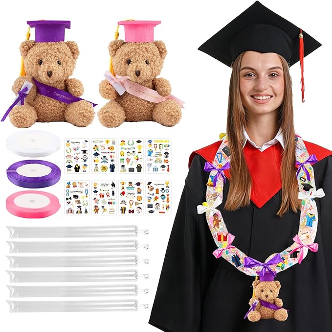 Candy Leis for Graduation 2026, Making Kit Supplies Tubing Grad Leis for Graduation Candy Necklace with 3 Color Ribbons Handmade Decoration Kit, Grad Party Gift for Graduates(White, Pink, Purple)