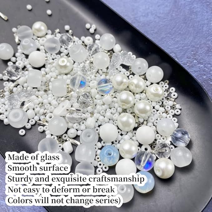 Assorted Glass Resin Beads Multi Size Colors Smooth Cracked Gravel Millet Spacer Beads for Bracelets Necklace Earring DIY Jewelry Making Craft (White Series)