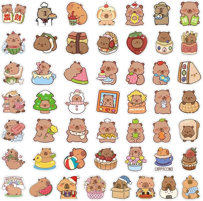 200pcs cute capybara stickers bluk.waterproof vinyl stickers pack for water bottle laptop skateboard scrapbooking.animal decals stickers party favors for kids girls adults teens