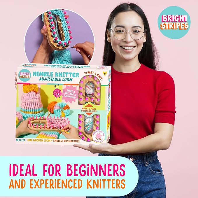 Bright Stripes Nimble Knitter Kit| 4-in-1 Adjustable Bamboo Loom with Chunky Yarn & Guide| DIY Craft Set to Make Scrunchies, Hats, Bags & More| Great for All Ages