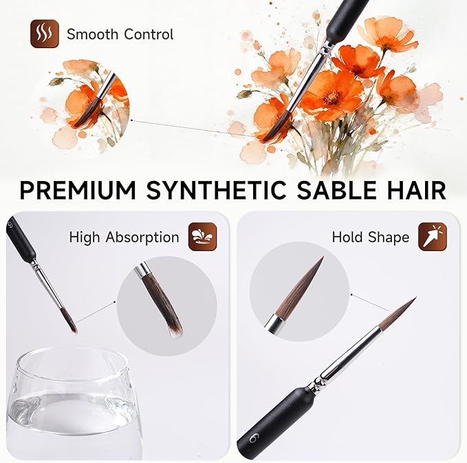 Professional Sable Hair Detail Paint Brush Set - 6 Miniature Art Brushes for Fine Detailing & Art Painting - Acrylic, Watercolor, Oil - Miniatures, Models, Black