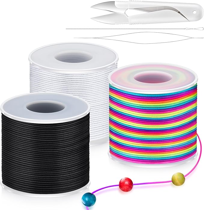 492 Ft Stretchy Bracelet String 1mm Elastic String for Bracelets 3 Roll Elastic String Elastic Cord for Jewelry Making Necklaces Beading Crafts with Scissors & Beading Needle(Rainbow, White, Black)