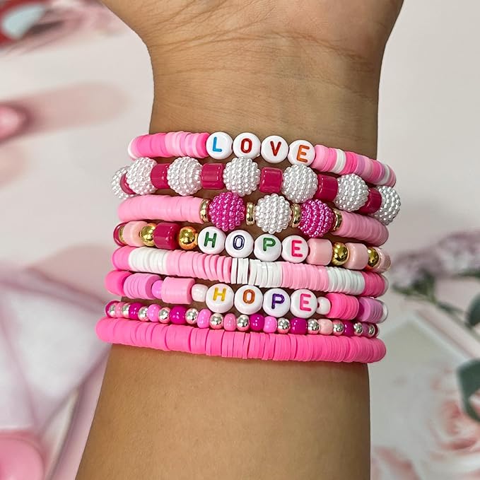 Pink Breast Cancer Awareness DIY Craft Clay Beads Kit - Pink Awareness Party Assorted Beads and Alphabet - Love Hope Peace Inspirational Bead Art DIY Craft Set, 1 Box