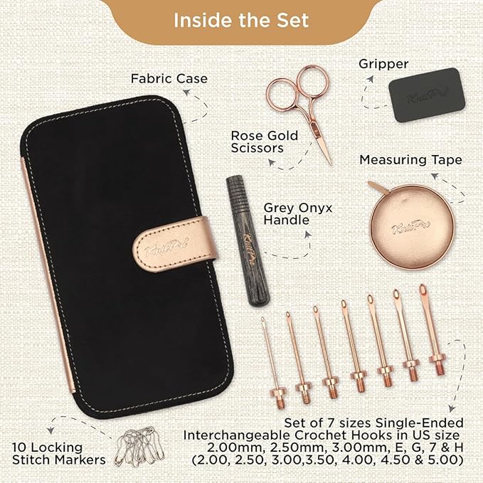 KnitPro Oasis Starter Crochet Set - 1 Wooden Handle, 7 Hooks in Sizes 2mm to 5mm, 1 Rose Gold Scissors, 1 Tape Measure, 10 Metal Locking Stitch Markers, 1 Gripper