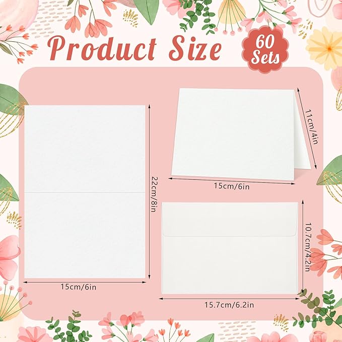 60 Sets Watercolor Cards with Envelopes, 140 lb/300 GSM Watercolor Paper Cards, 4x6 Inch Foldable Blank Watercolor Postcards and Envelopes for Greeting Cards, Wedding Invitations, Thank You Card