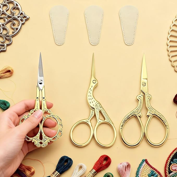 3 PCS Small Sharp Embroidery Scissors, Gold Stork Needlepoint Thread Snips with Cover, Yarn Scissors for Crocheting & Sewing