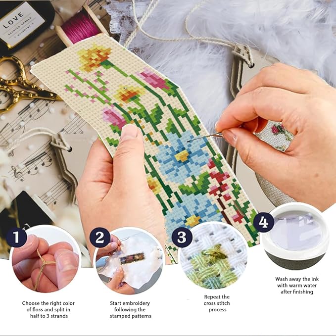 INFUNLY 6PCS DIY Flower Cross Stitch Bookmark Kit for Beginners 8.66"×3.15" Stamped Embroidery Bookmark Kit Hand Plant Bookmark Cross Stitch Kits with Instruction for Book Lovers Reader Writers