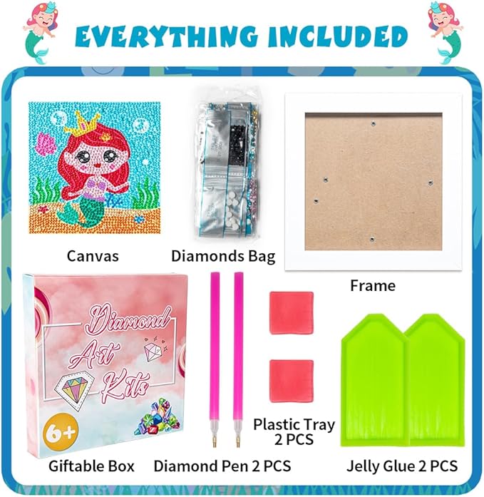 QEUOYSS Diamond Art Kit for Kids with Wooden Frame Art and Crafts for Kids Ages 6-8 -10-12 Easy to DIY Diamond Art for Kid and Adult Beginners Home Wall Decoration (Mermaid)