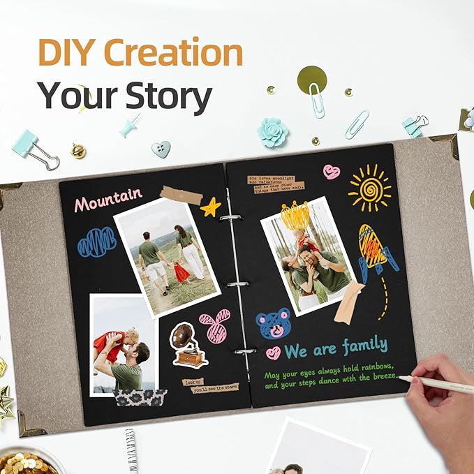 Vienrose DIY Scrapbook Photo Album Kit with Pens Tapes and Stickers 60 Pages Hardcover 12x12 Inches 3 Rings Removable Black Paper Scrapbooking for Lover Friends Kids Wedding Grey