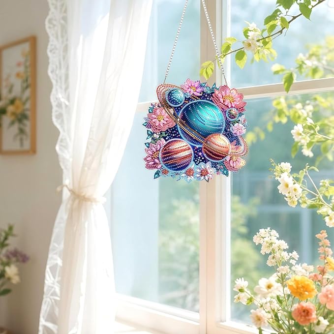 Lxmsja DIY Planets Rings Diamond Painting Hanging Ornament, Double-Sided Acrylic Colorful Planets Diamond Art Kit, Special Shaped Suncatcher Hanging Pendant Window Art Kit