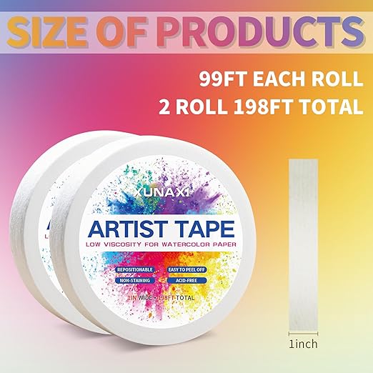 2 Packs Art Tape, Artist Tape for Watercolor Paper Low Tack White Painters Tape for Drafting Art Painting Canvas Framing Acid Free Masking Tape-1IN Wide 198FT Long Total