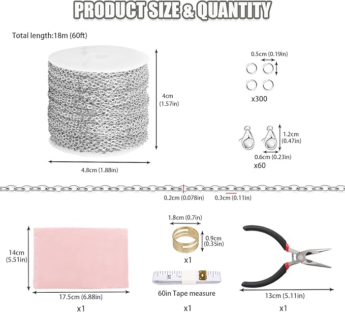 Fesorsi 60 ft Steel Chains for Jewelry Making, Silver Permanent Jewelry Chain, Electroplating Process, Necklace Chains with 300 Pieces Link Ring and 60 Pieces Lobster Buckles, for DIY, Gifts (2mm)