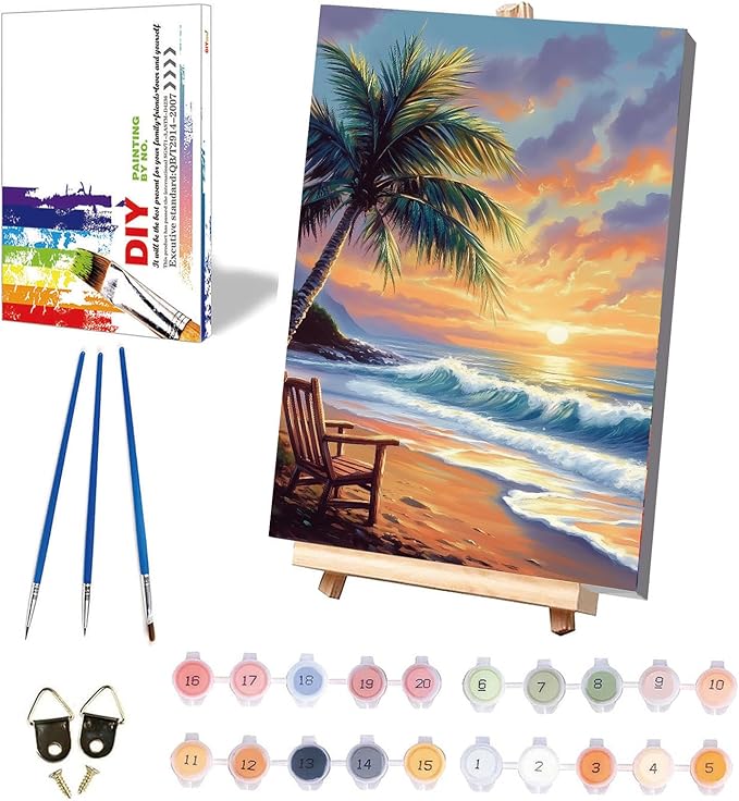 Beach Paint by Numbers for Adults with Framed Canvas - with Wooden Easel, Landscape Paint by Number on Canvas, DIY Sunset Acrylic Oil Painting Kits with Brushes for Home Wall Decor (8x12 inch)