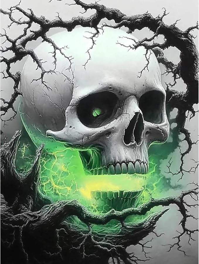 DIYDECORFUN Skull Diamond Art Kits for Adults Halloween, 5D Horror Diamond Painting Kits, Full Round Drills Spooky Skeleton Diamond Dots DIY Ghost Gem Art Crafts Paint By Diamonds for Decor 12x16IN