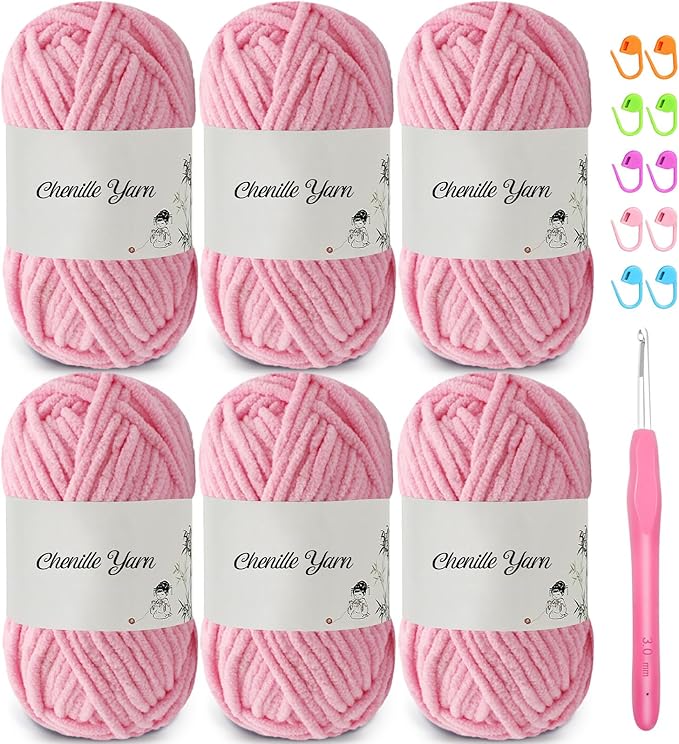 SIMEIQI 6 Pack of 1.76oz Chenille Yarn for Crocheting,60yards Soft Fluffy Velvet Yarn, Ideal Crochet for DIY Baby Blankets Toys Scarves Throw Pillows Hats Cushions(Pink)