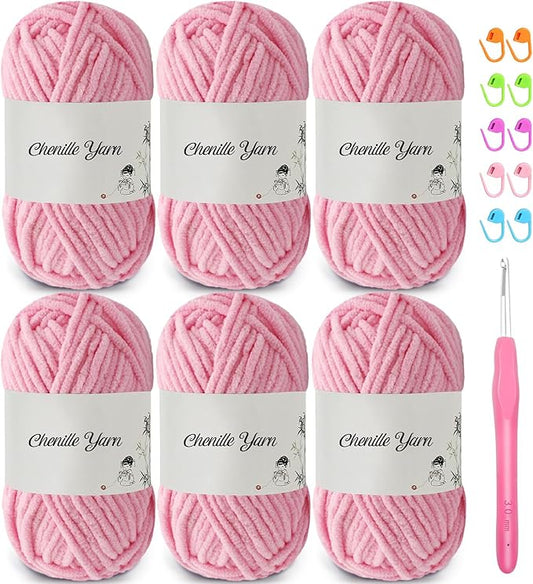 SIMEIQI 6 Pack of 1.76oz Chenille Yarn for Crocheting,60yards Soft Fluffy Velvet Yarn, Ideal Crochet for DIY Baby Blankets Toys Scarves Throw Pillows Hats Cushions(Pink)