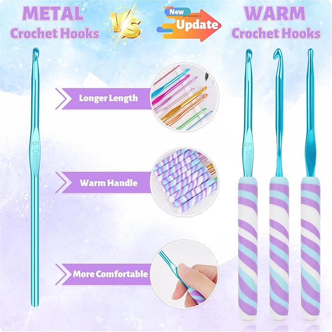 Coopay Warm Crochet Hooks Comfort Grip, Short Purple Ripple Art Handle for Beginners, Longer Aluminum Shaft Crochet Hook Set 2.0mm-6.0mm(B-J), Smooth Needles Set for Crocheting