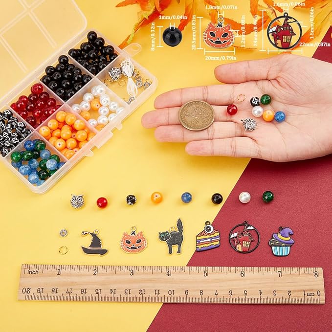 SUNNYCLUE 1 Box 6 Set Halloween Bracelet Making Kit Halloween Bead Magic Witch Hat Charm Pumkin Charms Glass Beads for Jewelry Making Kits Beginners Starter Adults Women Adult