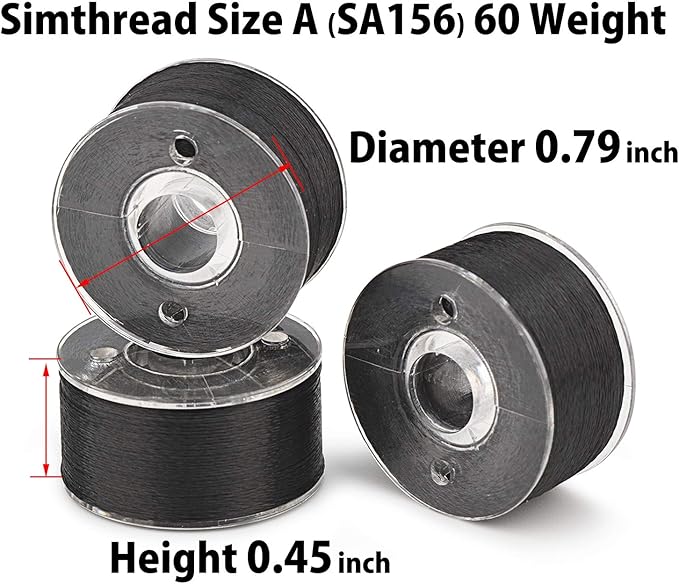 Simthread 144pcs Embroidery Pre-Wound Bobbins Thread, Class 15 Type A Size SA156, Polyester Black 60 wt, Compatible with Bernina Pfaff Ambition BabyLock Embroidery Sewing Machines Plastic Side(Black)