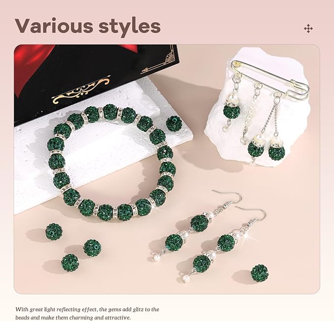 105pcs 10mm rhinestone beads for jewelry making, dark green shiny round disco ball beads bulk, sparkle crystal clay christmas for bracelet baseball necklace earring crafting and diy