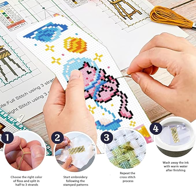 ORIGACH 6 Pcs Cross Stitch Bookmark Kit for Beginner Adults, Cute Cats in Outer Space Stamped Embroidery Bookmark Kit with Instruction for Starters Printed Cross Stitch DIY Kits for Book Lovers