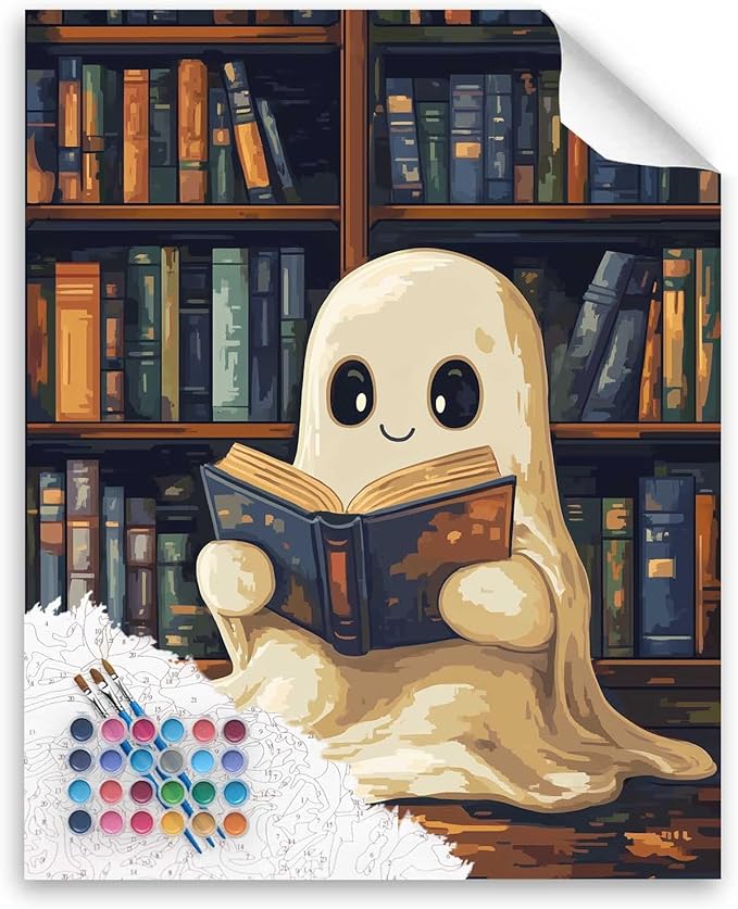 Ghost Reading a Book Paint by Number for Library Decor, Halloween Paint by Numbers Kit for Adults, Cute Ghosts Reading Acrylic Painting for Holiday Gift, Home Reading Room Decor(16x20inch, No Frame)