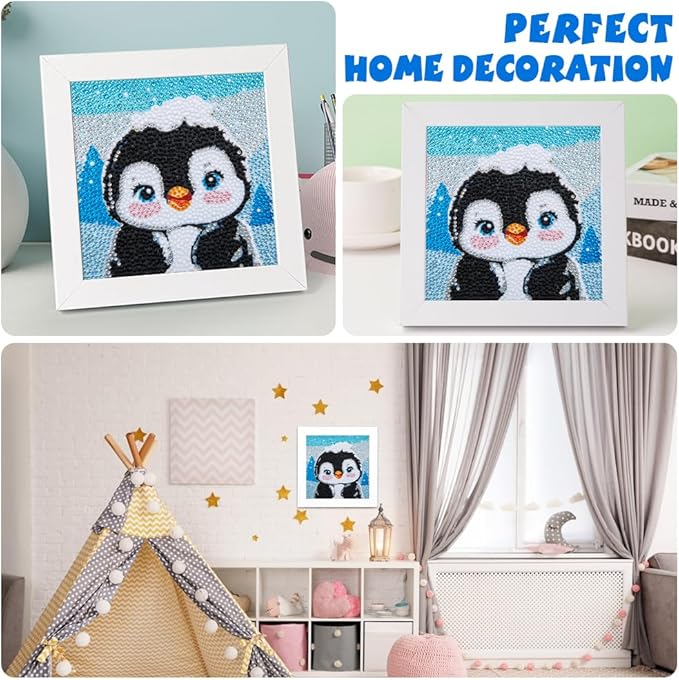 QEUOYSS Diamond Art Kit for Kids with Wooden Frame Art and Crafts for Kids Ages 6-8 -10-12 Easy to DIY Diamond Art for Kid and Adult Beginners Home Wall Decoration (Penguin)