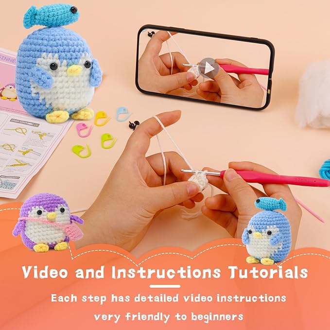 2 Pack Crochet Kit for Beginners, Animal Crochet Kit, Cute Crochet Starter Kit with Video Tutorial, 2 Crochet Hooks, Colored Crochet Yarns, 5 Stitch Markers Complete Crochet Set to Make 2 Penguins
