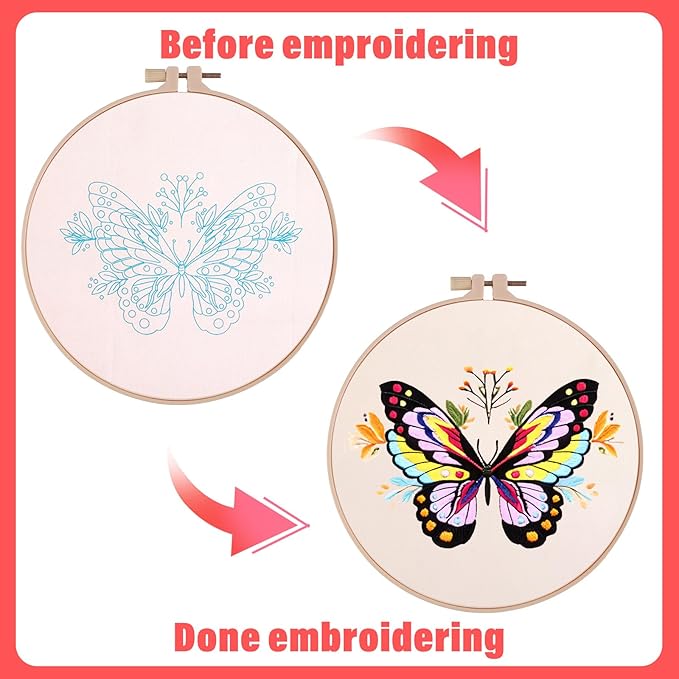 3Pcs Butterfly Flower Pattern Embroidery Kit, Cross Needlepoint Set, Hand Stamped Pre-Printed Fabric with Embroidery Tools, Stitch Practice Kit for Beginners, Adults, DIY Home Decor, Embellishment