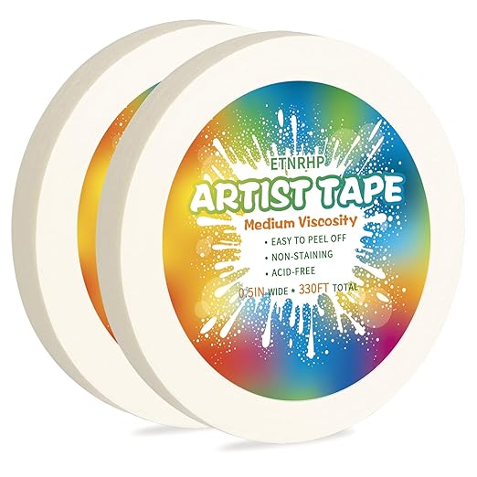 2 Packs White Art Tape Medium Tack Artist Masking Tape Paper Acid Free Tape Watercolor Painters Tape Artists Tape for Drafting Art Watercolor Painting Canvas Framing, 0.5 inch Wide 330FT Long