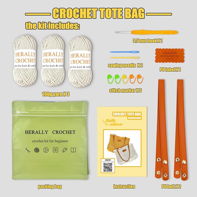 Herally Crochet Kit DIY Bag for Beginners - Include Yarn, Hook and Accessory - with Step by Step Video Tutorials - Crochet Tote Bag Beige