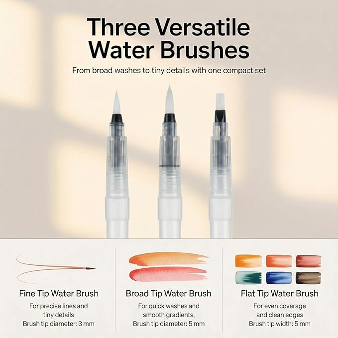Mini Travel Watercolor Paint Set, All‑In‑One Portable Pocket Paint Kit with Walnut Wood Palette, 24 Watercolor Colors, 3 Water Brushes, Chinese Calligraphy Brush, Sketchbook and Organizer Pouch, Gift for Beginners and Art Lovers