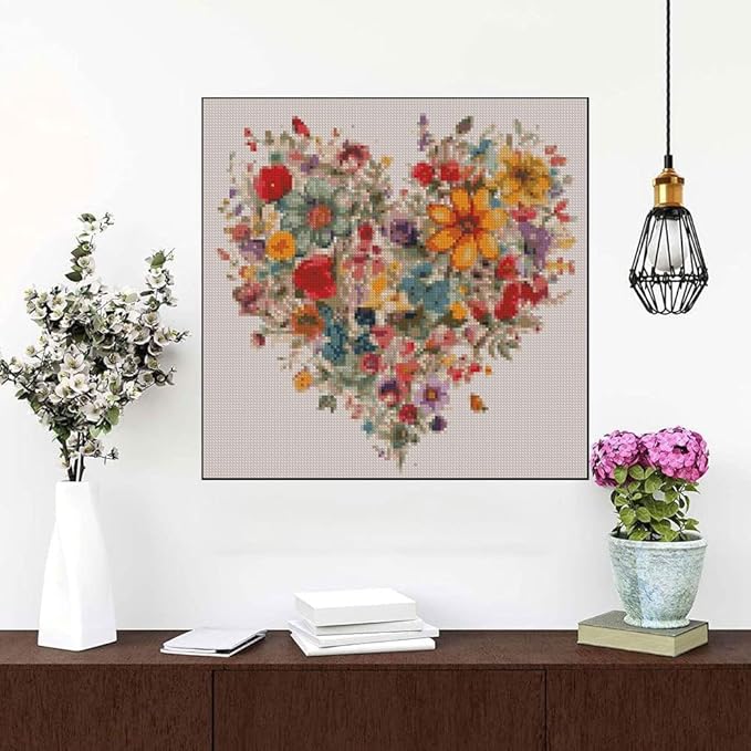 Valentine's Day Stamping Cross Stitch Kit, Flowers Counting Cross Stitch Kit for Adult Beginners , Full Line DIY Cross Stitch Stitching Kit for Home Decor Cross Stitch Patterns 13.7x13.7 inches