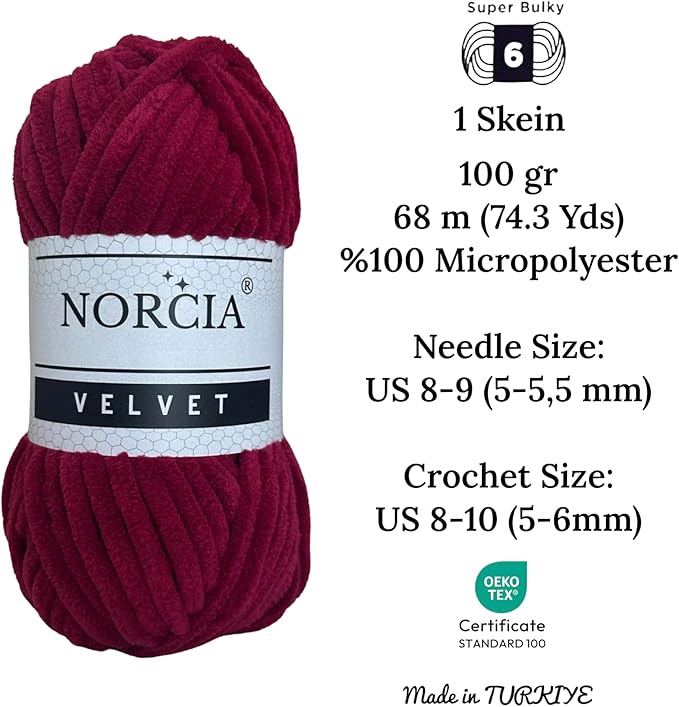 Soft Velvet Yarn Chenille Yarn for Crocheting Super Bulky 100g (74.3 yds) Baby Blanket Yarn for Knitting Amigurumi Yarn Fancy Yarn for Crochet Weaving Craft (Burgundy, 1 Skein)