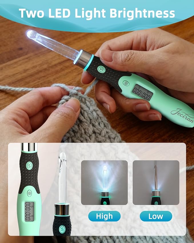 Upgraded Lighted Crochet Hooks Set with 24 Interchangeable Heads-Rechargeable Counting Crochet Hook Set-No Need to Move Fingers-Ergonomic Digital Crochet Hook for Arthritic Hands
