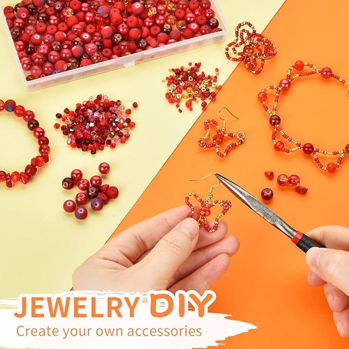 Rired 27 Glass Beads for Jewelry Making, 900pcs Red Bead Jewelry Making kit, 8mm Round Assorted Beads with Bicone and Seed Beads for Bracelet Making